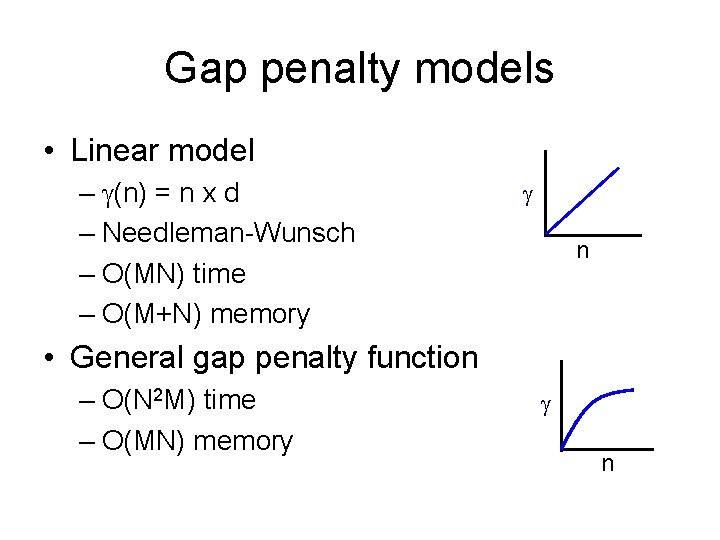 Gap penalty models • Linear model – (n) = n x d – Needleman-Wunsch