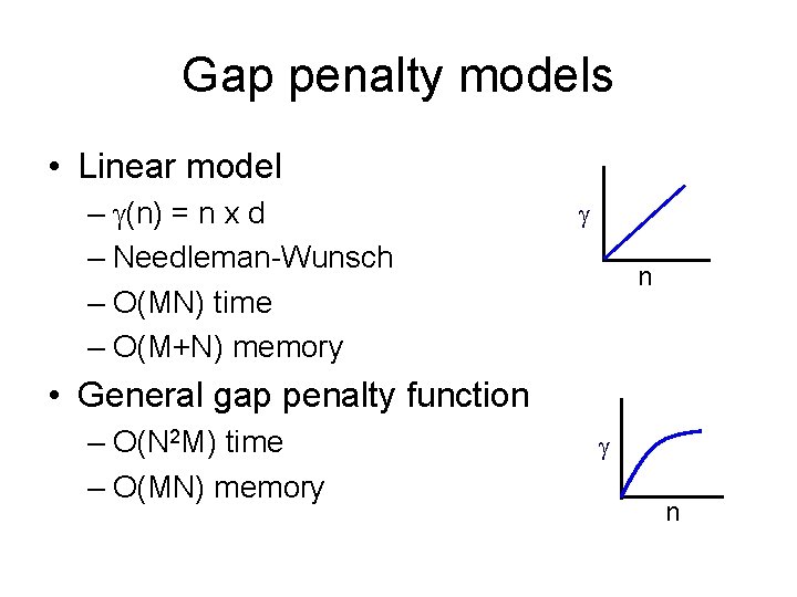 Gap penalty models • Linear model – (n) = n x d – Needleman-Wunsch Gap penalty models • Linear model – (n) = n x d – Needleman-Wunsch