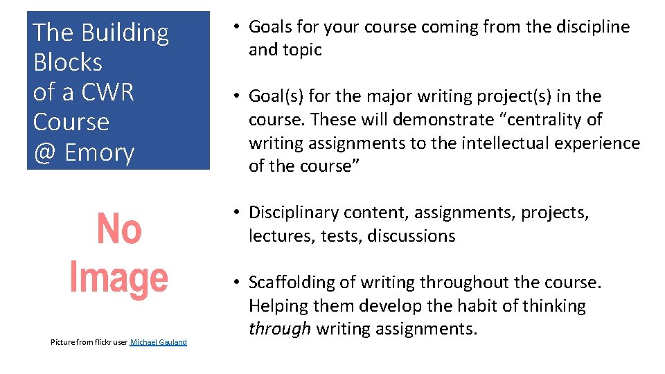 The Building Blocks of a CWR Course @ Emory • Goals for your course