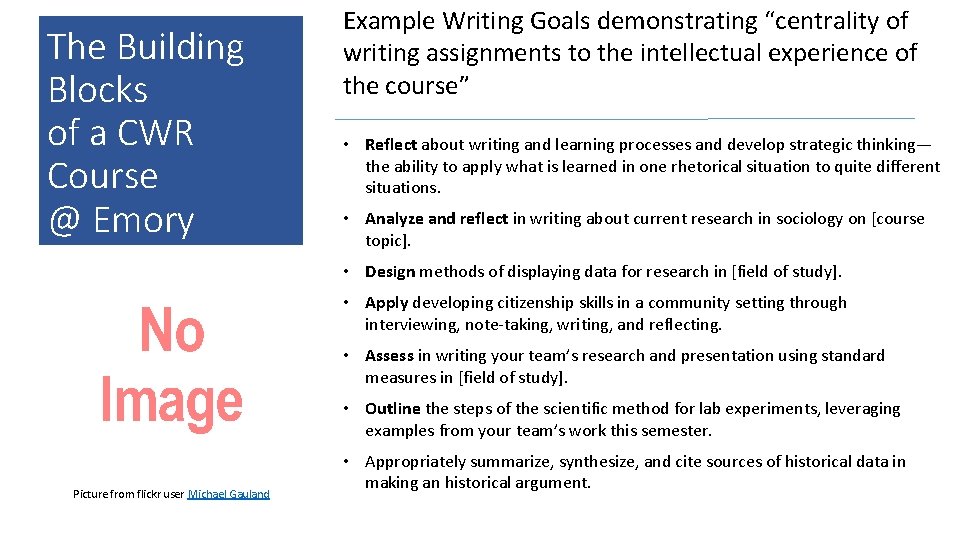 The Building Blocks of a CWR Course @ Emory Example Writing Goals demonstrating “centrality