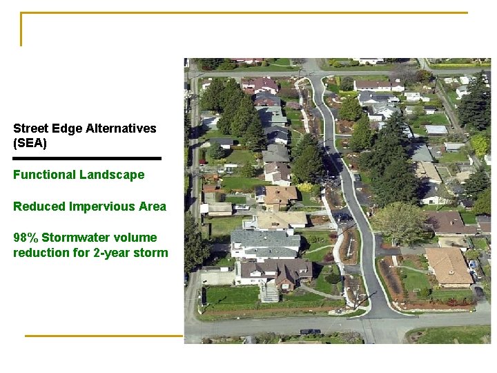 Street Edge Alternatives (SEA) Functional Landscape Reduced Impervious Area 98% Stormwater volume reduction for