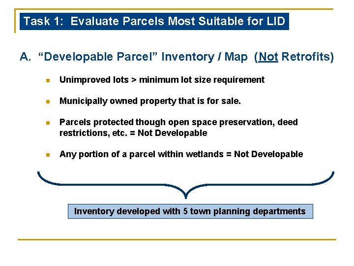 Task 1: Evaluate Parcels Most Suitable for LID A. “Developable Parcel” Inventory / Map