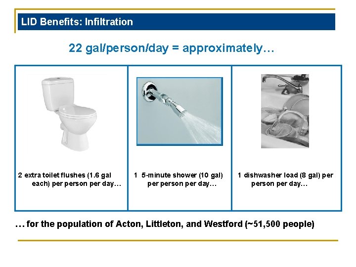 LID Benefits: Infiltration 22 gal/person/day = approximately… 2 extra toilet flushes (1. 6 gal