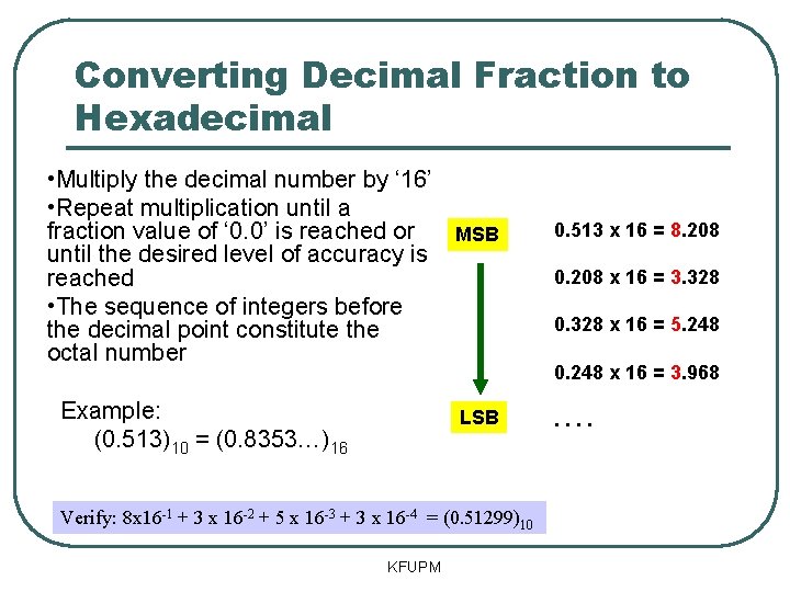 Converting Decimal Fraction to Hexadecimal • Multiply the decimal number by ‘ 16’ •