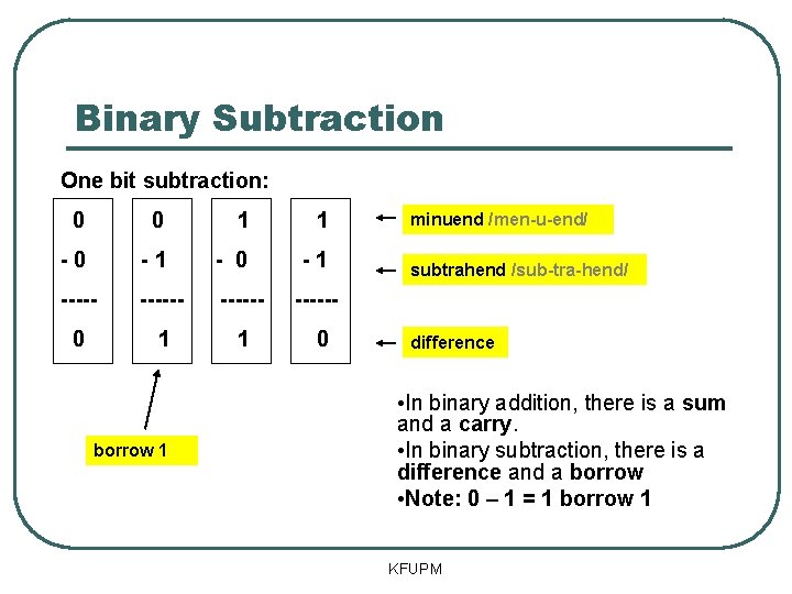 Binary Subtraction One bit subtraction: 0 0 1 1 -0 -1 ------- 0 1