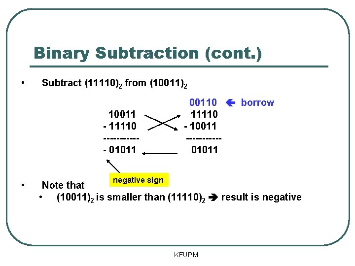 Binary Subtraction (cont. ) • Subtract (11110)2 from (10011)2 10011 - 11110 ------ 01011