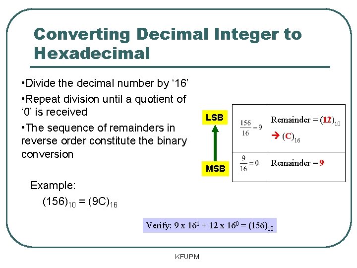 Converting Decimal Integer to Hexadecimal • Divide the decimal number by ‘ 16’ •