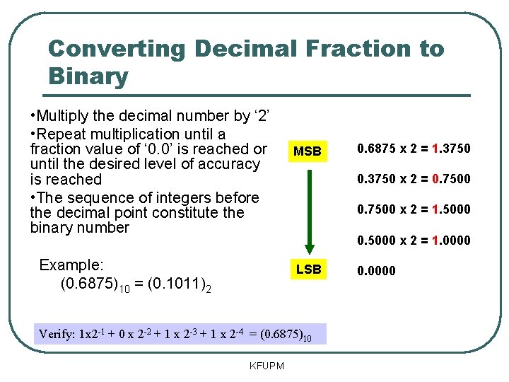 Converting Decimal Fraction to Binary • Multiply the decimal number by ‘ 2’ •