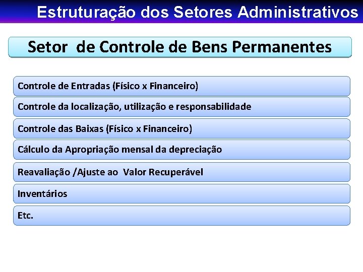 Estruturação dos Setores Administrativos Setor de Controle de Bens Permanentes Controle de Entradas (Físico