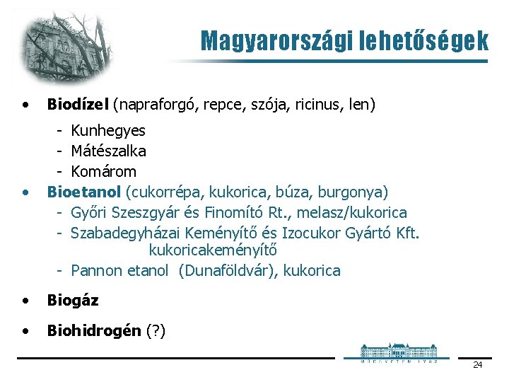 Magyarországi lehetőségek • • Biodízel (napraforgó, repce, szója, ricinus, len) Kunhegyes Mátészalka Komárom Bioetanol