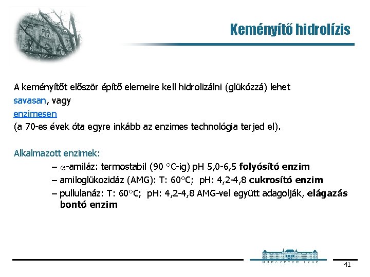 Keményítő hidrolízis A keményítőt először építő elemeire kell hidrolizálni (glükózzá) lehet savasan, vagy enzimesen