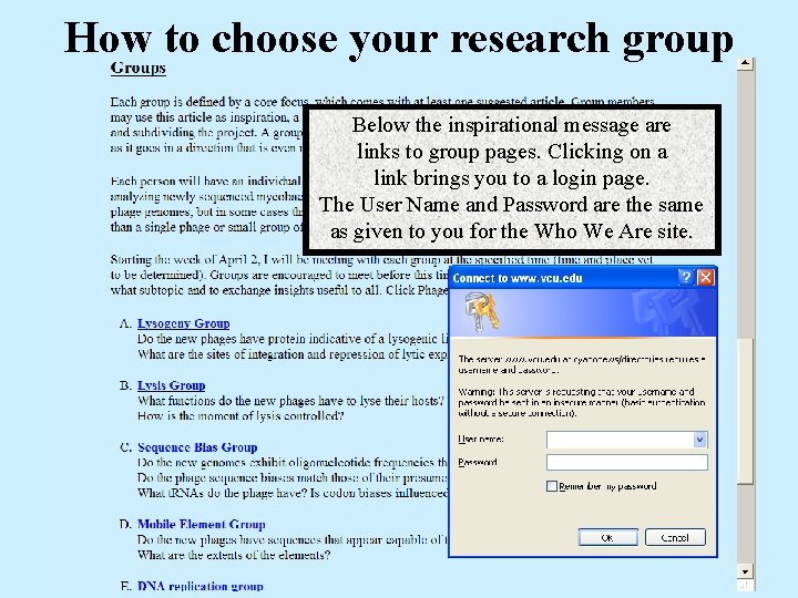How to choose your research group Below the inspirational message are links to group