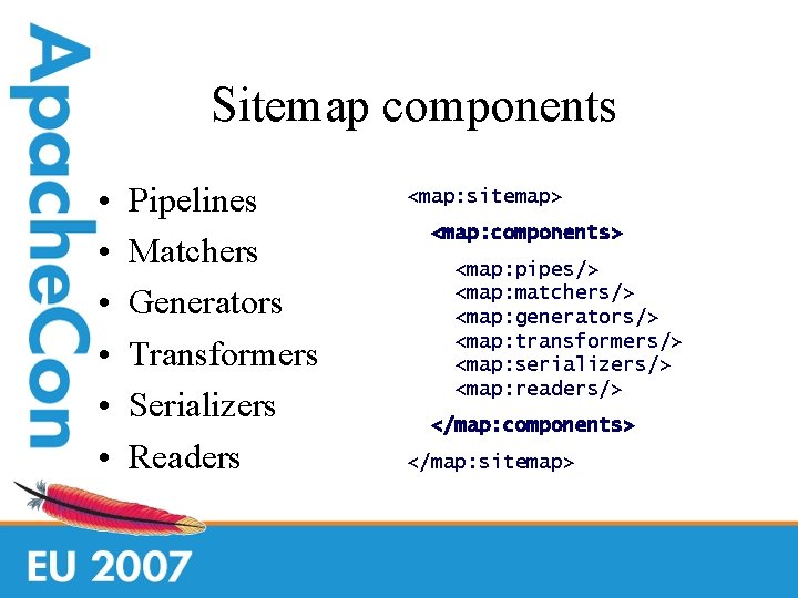 Sitemap components • • • Pipelines Matchers Generators Transformers Serializers Readers <map: sitemap> <map: