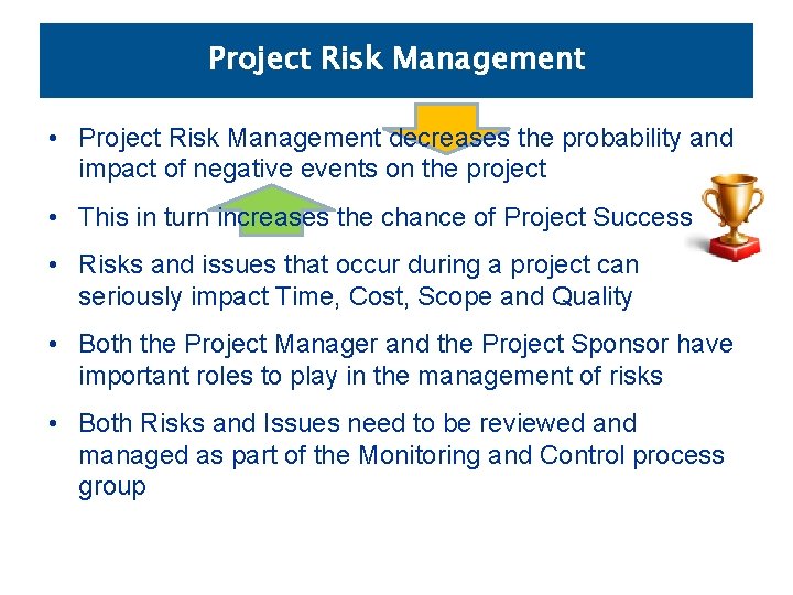 Project Risk Management • Project Risk Management decreases the probability and impact of negative