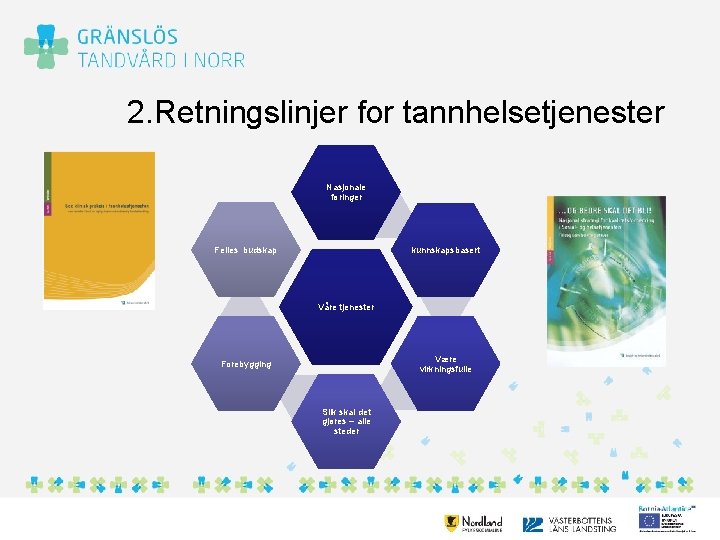 2. Retningslinjer for tannhelsetjenester Nasjonale føringer Felles budskap kunnskapsbasert Våre tjenester Være virkningsfulle Forebygging