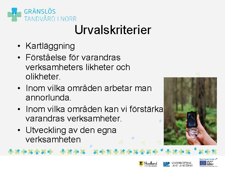 Urvalskriterier • Kartläggning • Förståelse för varandras verksamheters likheter och olikheter. • Inom vilka