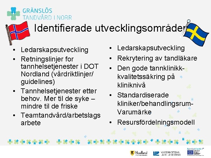 Identifierade utvecklingsområden • Ledarskapsutveckling • Retningslinjer for tannhelsetjenester i DOT Nordland (vårdriktlinjer/ guidelines) •