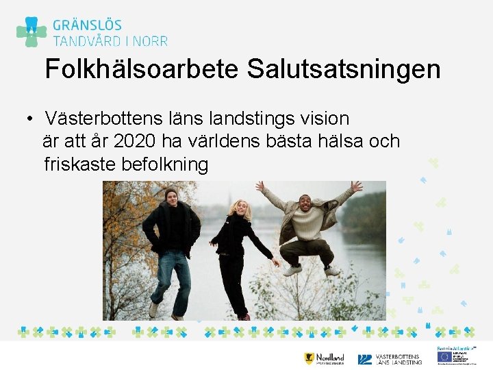 Folkhälsoarbete Salutsatsningen • Västerbottens läns landstings vision är att år 2020 ha världens bästa