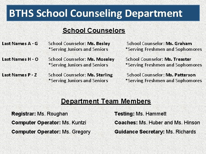 BTHS School Counseling Department School Counselors Last Names A - G School Counselor: Ms.