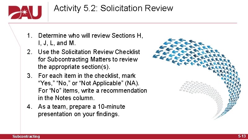 Activity 5. 2: Solicitation Review 1. Determine who will review Sections H, I, J,