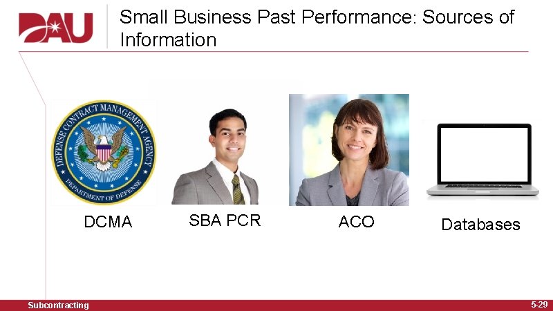 Small Business Past Performance: Sources of Information DCMA Subcontracting SBA PCR ACO Databases 5