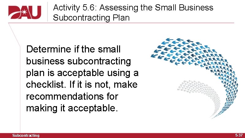 Activity 5. 6: Assessing the Small Business Subcontracting Plan Determine if the small business