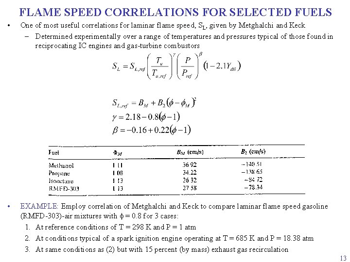 FLAME SPEED CORRELATIONS FOR SELECTED FUELS • One of most useful correlations for laminar