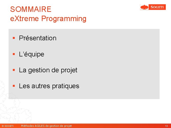 SOMMAIRE e. Xtreme Programming § Présentation § L’équipe § La gestion de projet §