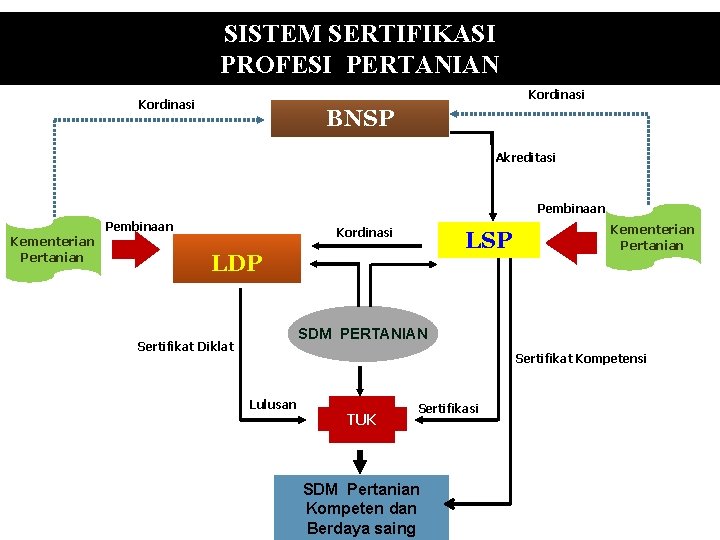 SISTEM SERTIFIKASI PROFESI PERTANIAN Kordinasi BNSP Akreditasi Pembinaan Kementerian Pertanian Pembinaan Kordinasi LSP LDP