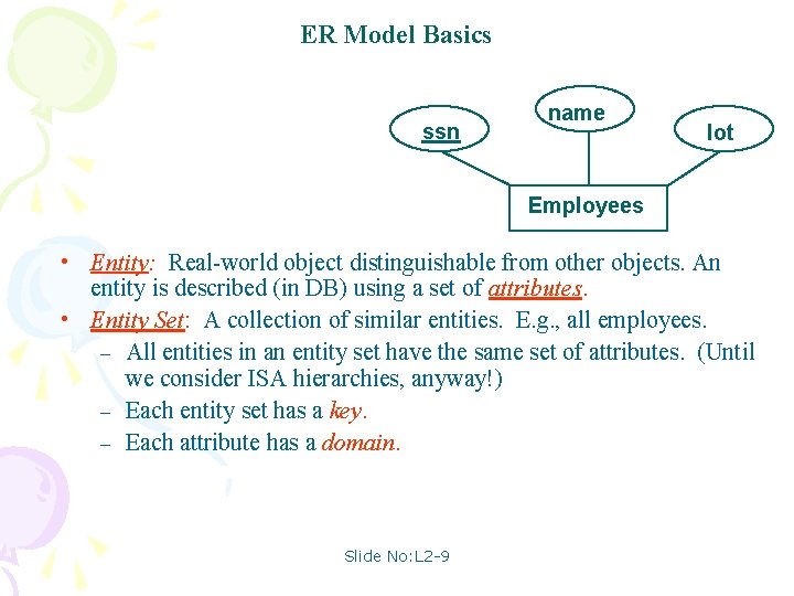 ER Model Basics ssn name lot Employees • Entity: Real-world object distinguishable from other ER Model Basics ssn name lot Employees • Entity: Real-world object distinguishable from other