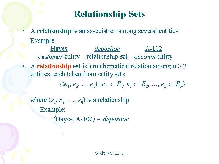 Relationship Sets • A relationship is an association among several entities Example: Hayes depositor