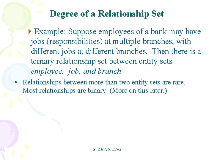 Degree of a Relationship Set 4 Example: Suppose employees of a bank may have