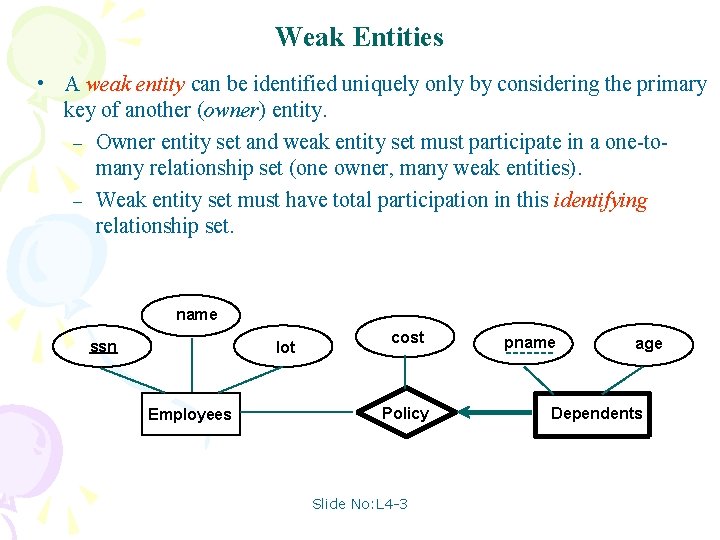 Weak Entities • A weak entity can be identified uniquely only by considering the Weak Entities • A weak entity can be identified uniquely only by considering the