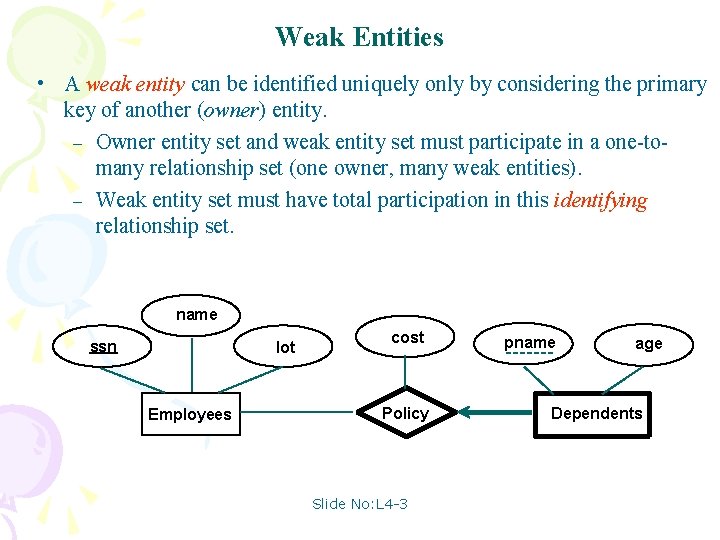 Weak Entities • A weak entity can be identified uniquely only by considering the