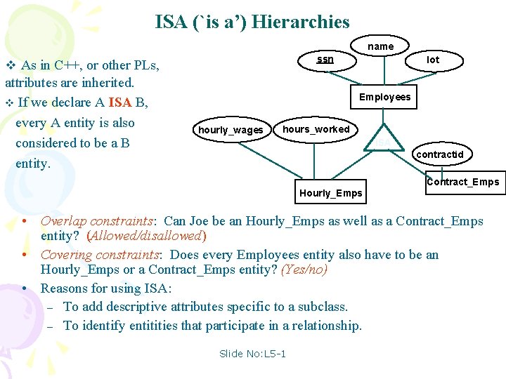 ISA (`is a’) Hierarchies name ssn v As in C++, or other PLs, attributes
