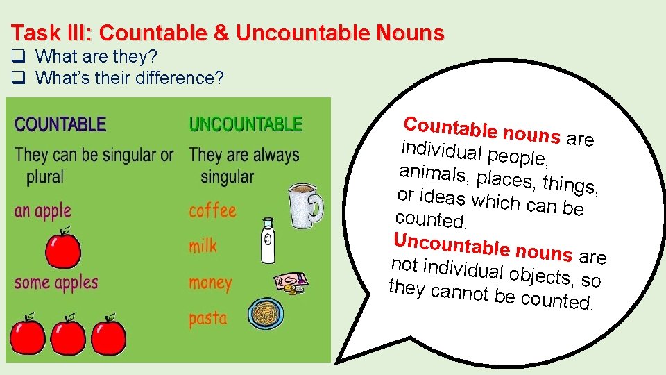 Task III: Countable & Uncountable Nouns q What are they? q What’s their difference?