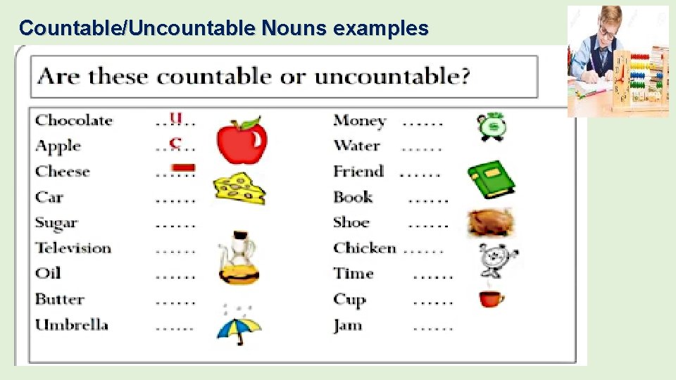 Countable/Uncountable Nouns examples 