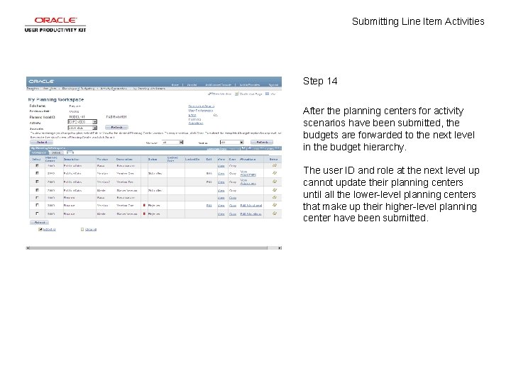 Submitting Line Item Activities Step 14 After the planning centers for activity scenarios have