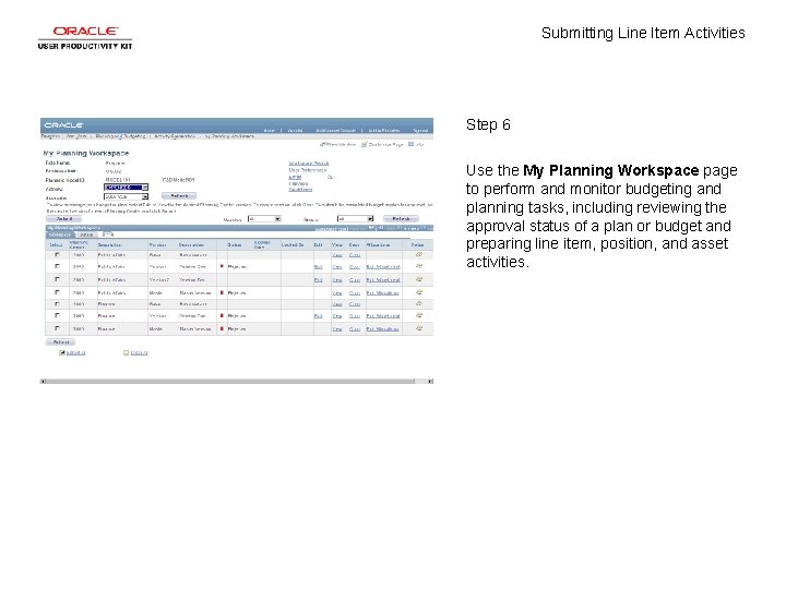 Submitting Line Item Activities Step 6 Use the My Planning Workspace page to perform