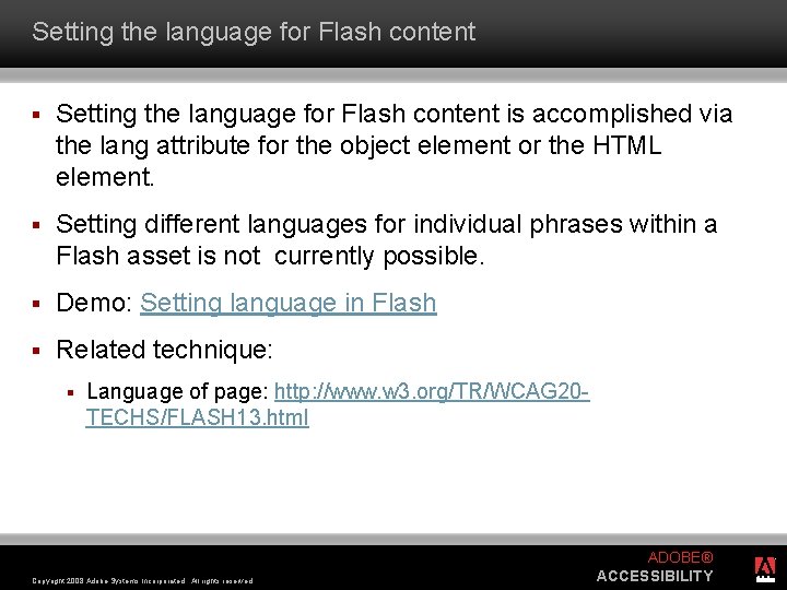 Setting the language for Flash content § Setting the language for Flash content is