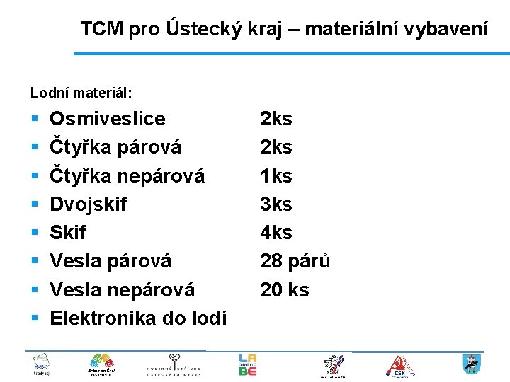 TCM pro Ústecký kraj – materiální vybavení Lodní materiál: § § § § Osmiveslice
