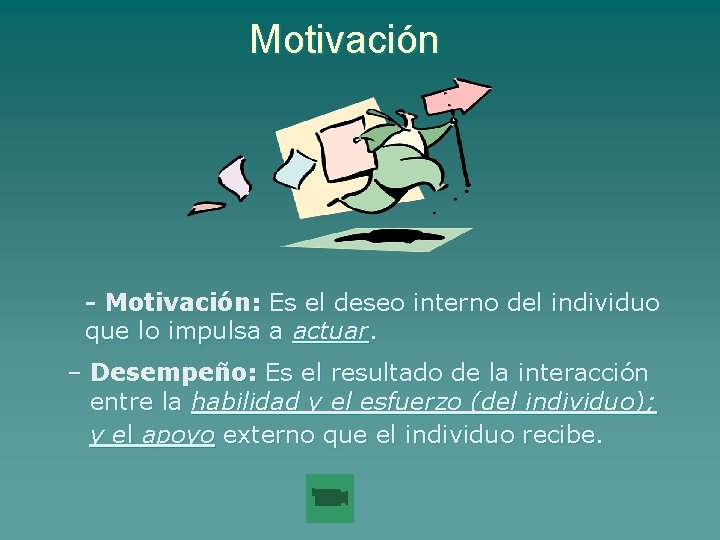 Motivación - Motivación: Es el deseo interno del individuo que lo impulsa a actuar.