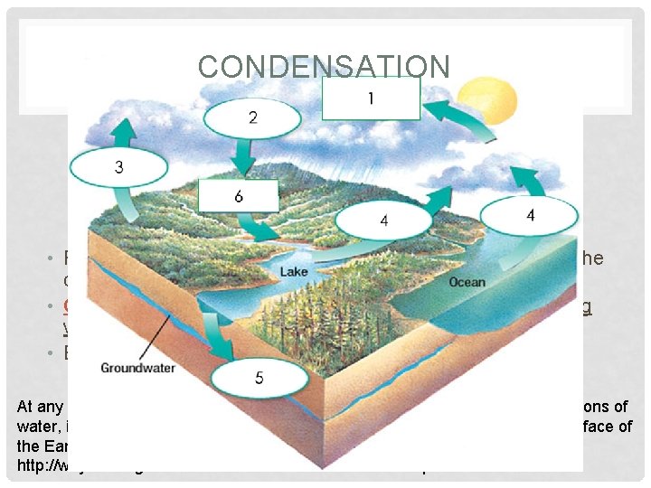 CONDENSATION • First, water vapor condenses in the cool air of the sky into