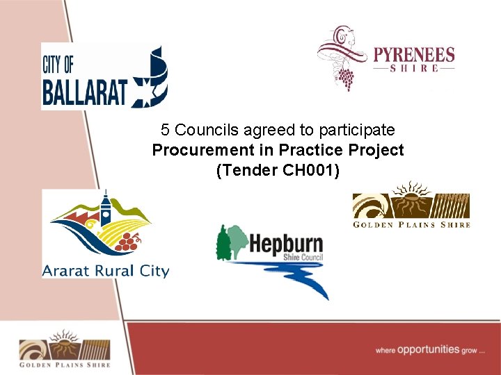 5 Councils agreed to participate Procurement in Practice Project (Tender CH 001) 