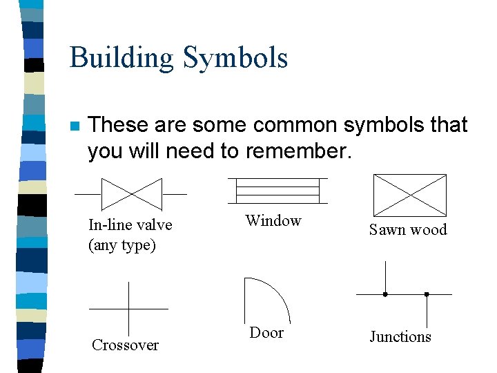 Building Symbols n These are some common symbols that you will need to remember.