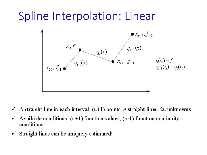 Spline Interpolation: Linear xi+2, fi+2 xi, fi xi-1, fi-1 qi(x) qi-1(x) qi+1(x) xi+1, fi+1