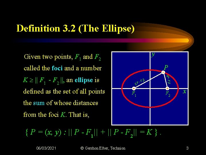 Definition 3. 2 (The Ellipse) y Given two points, F 1 and F 2