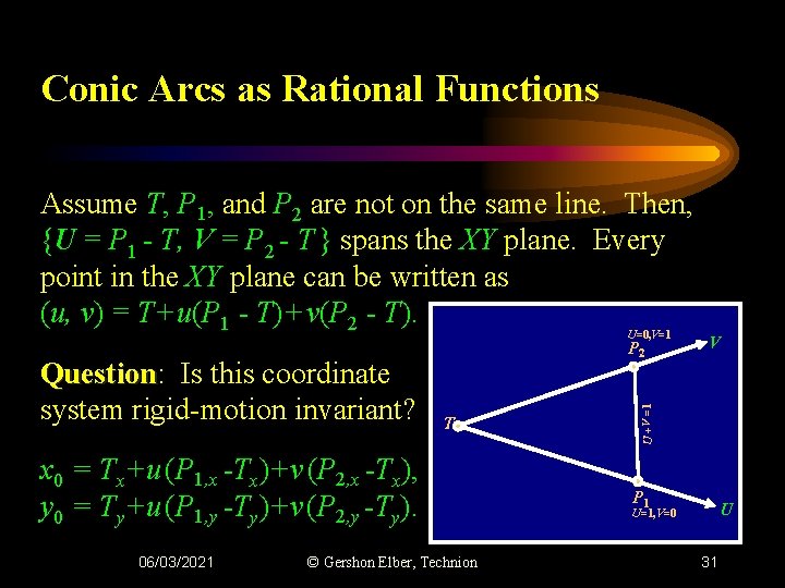 Conic Arcs as Rational Functions Assume T, P 1, and P 2 are not