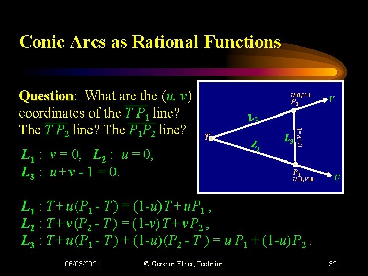 Conic Arcs as Rational Functions U=0, V=1 P 2 __________________ V L 2 ___________