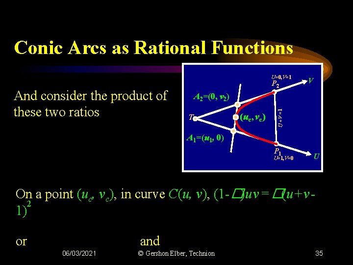 Conic Arcs as Rational Functions U=0, V=1 V A 2=(0, v 2) T (uc,